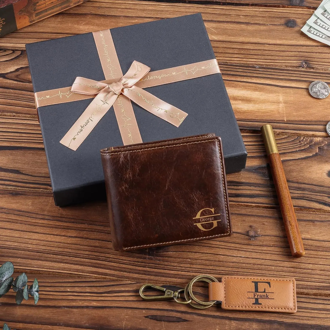 Men's Leather Wallet Set with Personalized Keychain | Personalized Father's Day Wallet Gifts