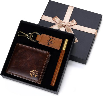Men's Leather Wallet Set with Personalized Keychain | Personalized Father's Day Wallet Gifts