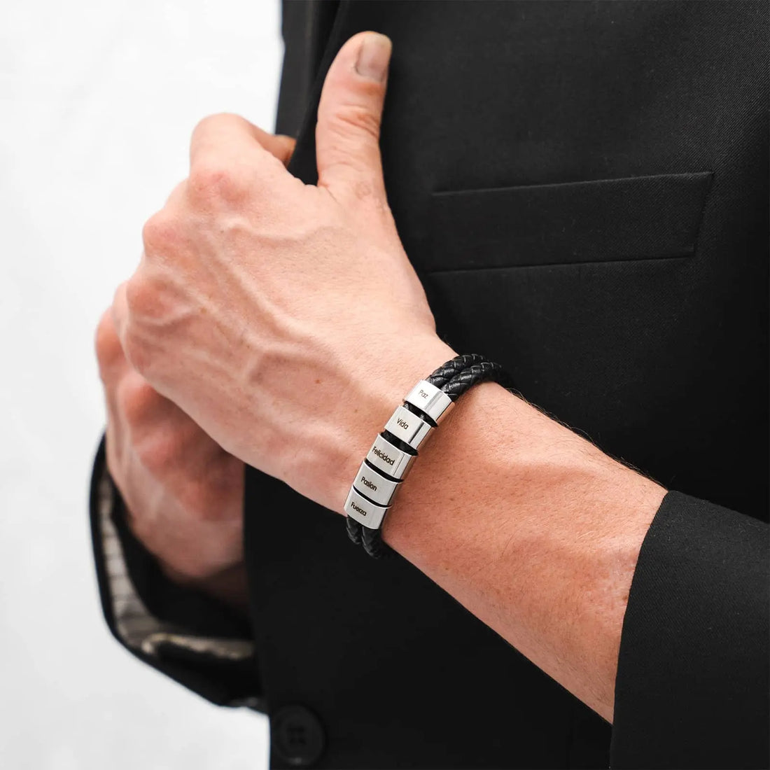 Leather bracelet with engraved beads