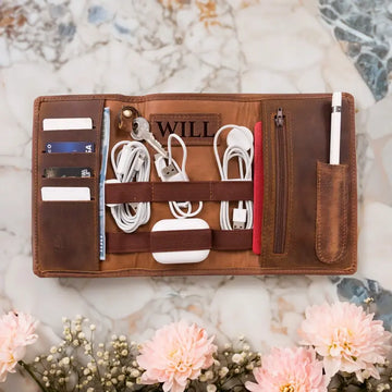 Tech Travel Organizer for Men – Personalized Leather Gift for Dad, Grandpa, or Boyfriend
