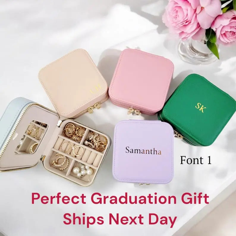 Personalized Saffiano Leather Travel Jewelry Box – Custom Monogram Gift for Her, Bridesmaids, Weddings & Holidays