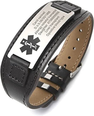 Personalized Men's Genuine Leather Medical ID Bracelet