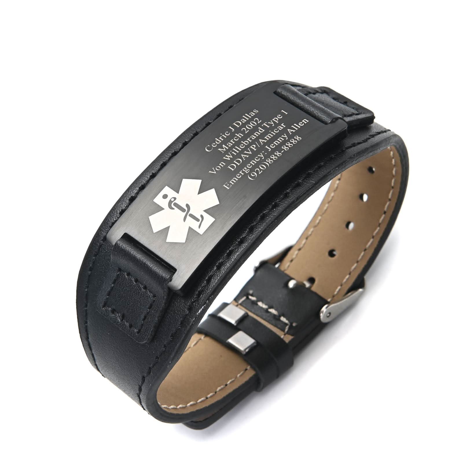 Personalized Men's Genuine Leather Medical ID Bracelet