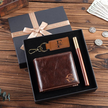 Men's Leather Wallet Set with Personalized Keychain | Personalized Father's Day Wallet Gifts