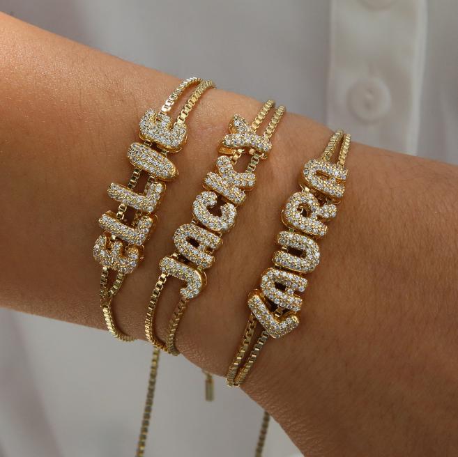Custom 18K Gold Plated Letter Bracelet: Sparkling Zircon Name Pendant