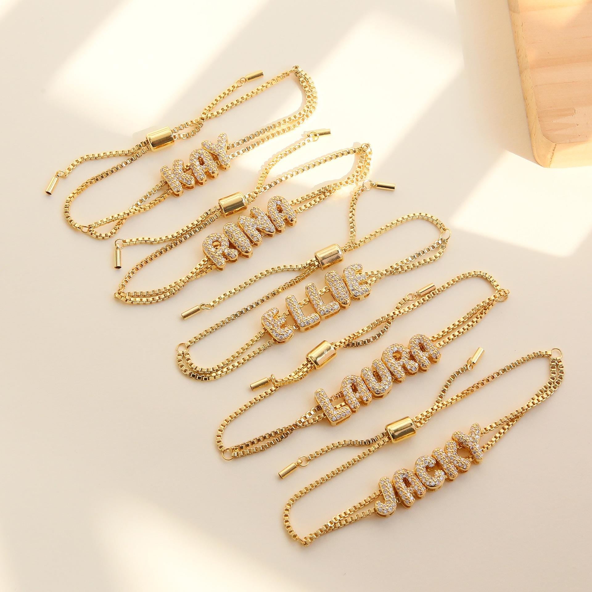 Custom 18K Gold Plated Letter Bracelet: Sparkling Zircon Name Pendant